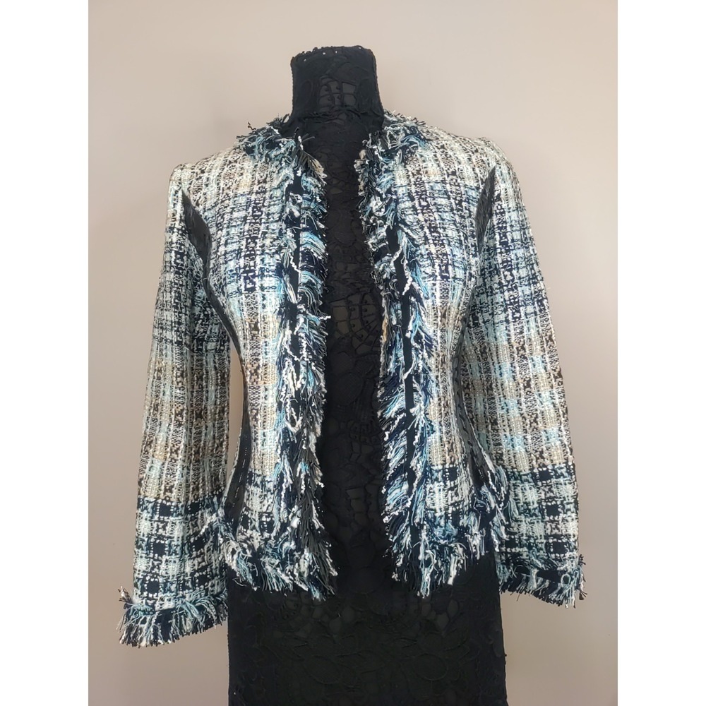 Ruben Campos Chile Multicolor Tweed Blue Black Fringe Chic Open Blazer No Size